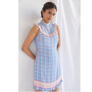 New Anthropologie Plenty By Tracy Reese Plaid Mini Dress $178 SMALL Pink/Blue